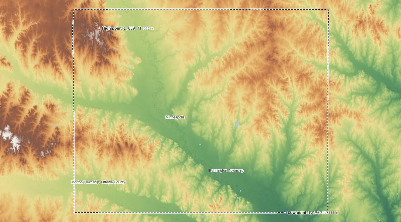 Topographic elevation map of Ottawa County, Kansas, shaded from 1,170 ft on the southeast side to 1,650 ft on the northwest side