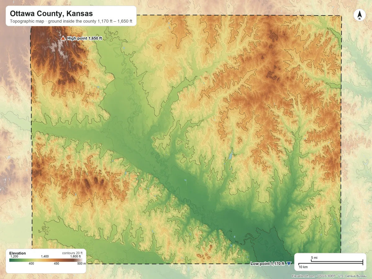 Topographic elevation map of Ottawa County, Kansas, shaded from 1,170 ft on the southeast side to 1,650 ft on the northwest side