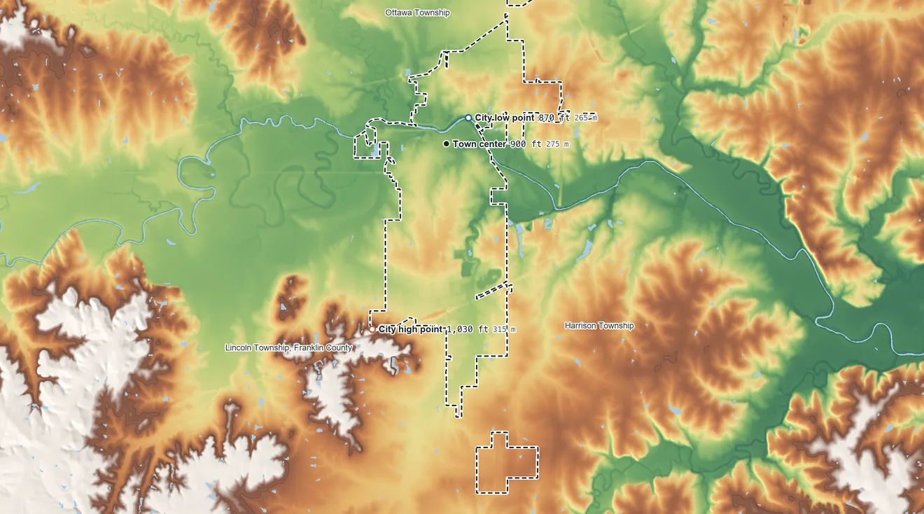 Topographic elevation map of Ottawa, Kansas, shaded from 870 ft near the middle to 1,030 ft on the south side