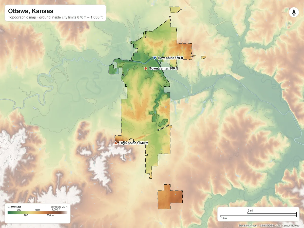 Topographic elevation map of Ottawa, Kansas, shaded from 870 ft near the middle to 1,030 ft on the south side