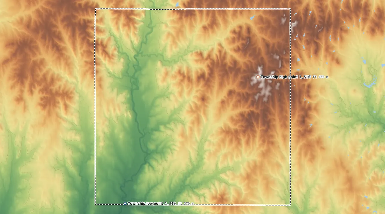 Topographic elevation map of Ottawa Township, Ottawa County, Kansas, shaded from 1,210 ft on the southwest side to 1,510 ft on the east side