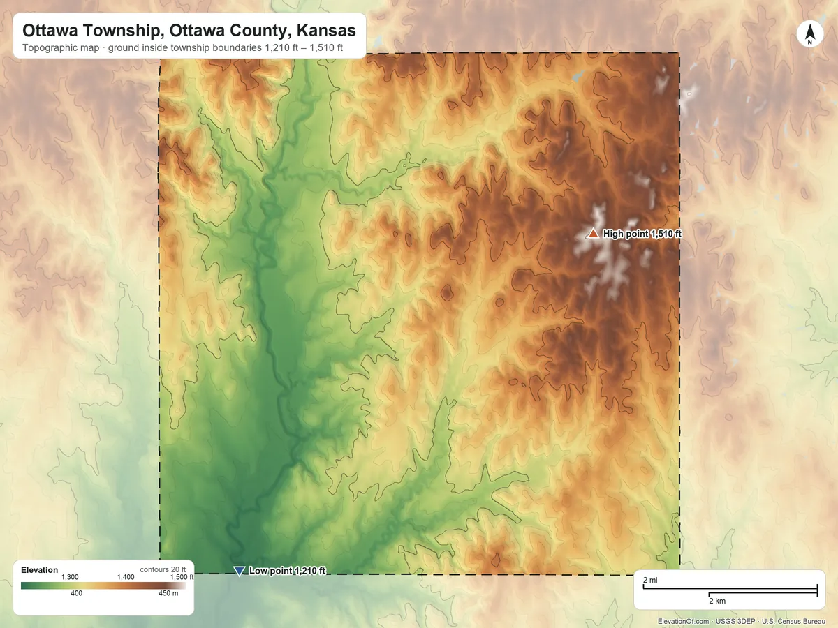 Topographic elevation map of Ottawa Township, Ottawa County, Kansas, shaded from 1,210 ft on the southwest side to 1,510 ft on the east side