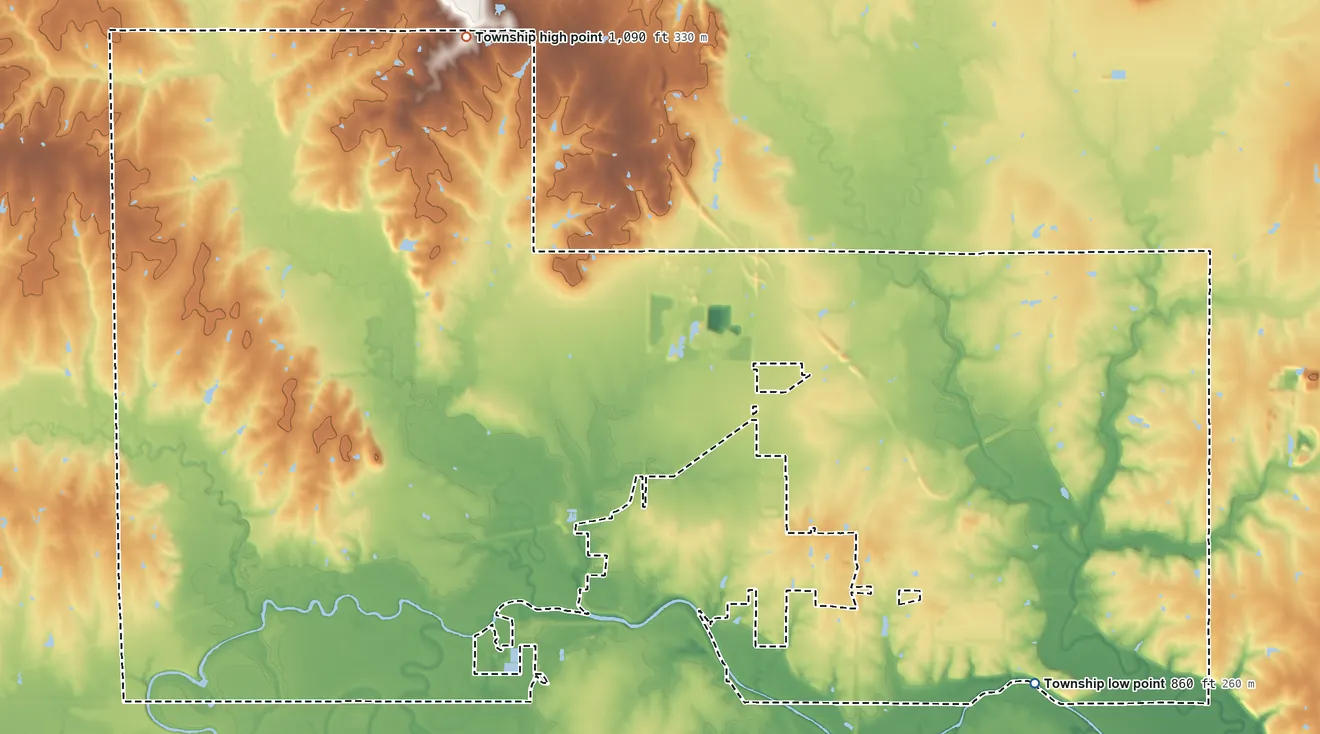 Topographic elevation map of Ottawa Township, Kansas, shaded from 860 ft on the southeast side to 1,090 ft on the north side