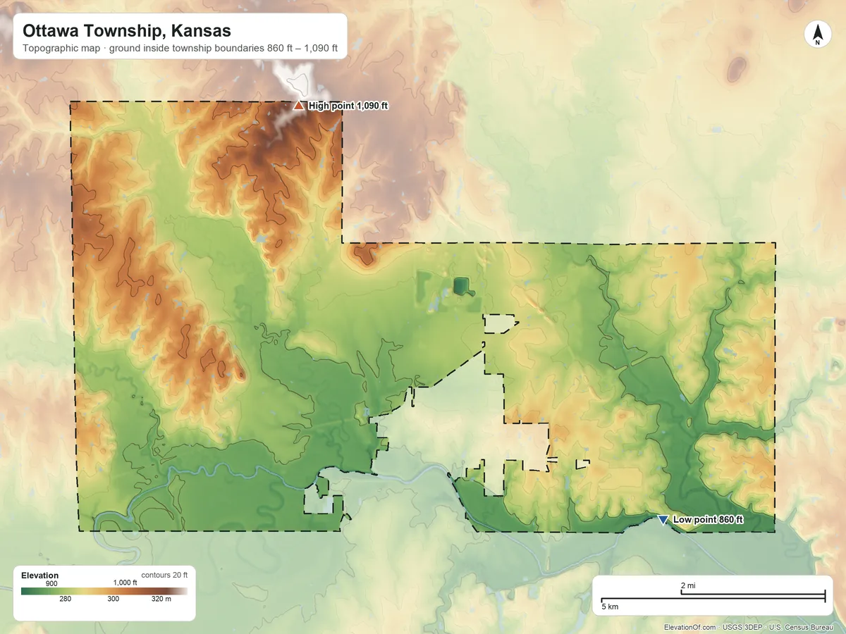 Topographic elevation map of Ottawa Township, Kansas, shaded from 860 ft on the southeast side to 1,090 ft on the north side