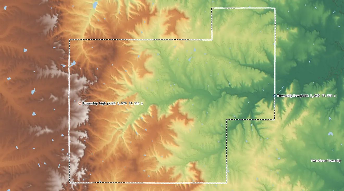 Topographic elevation map of Otter Creek Township, Kansas, shaded from 1,040 ft on the east side to 1,670 ft on the west side