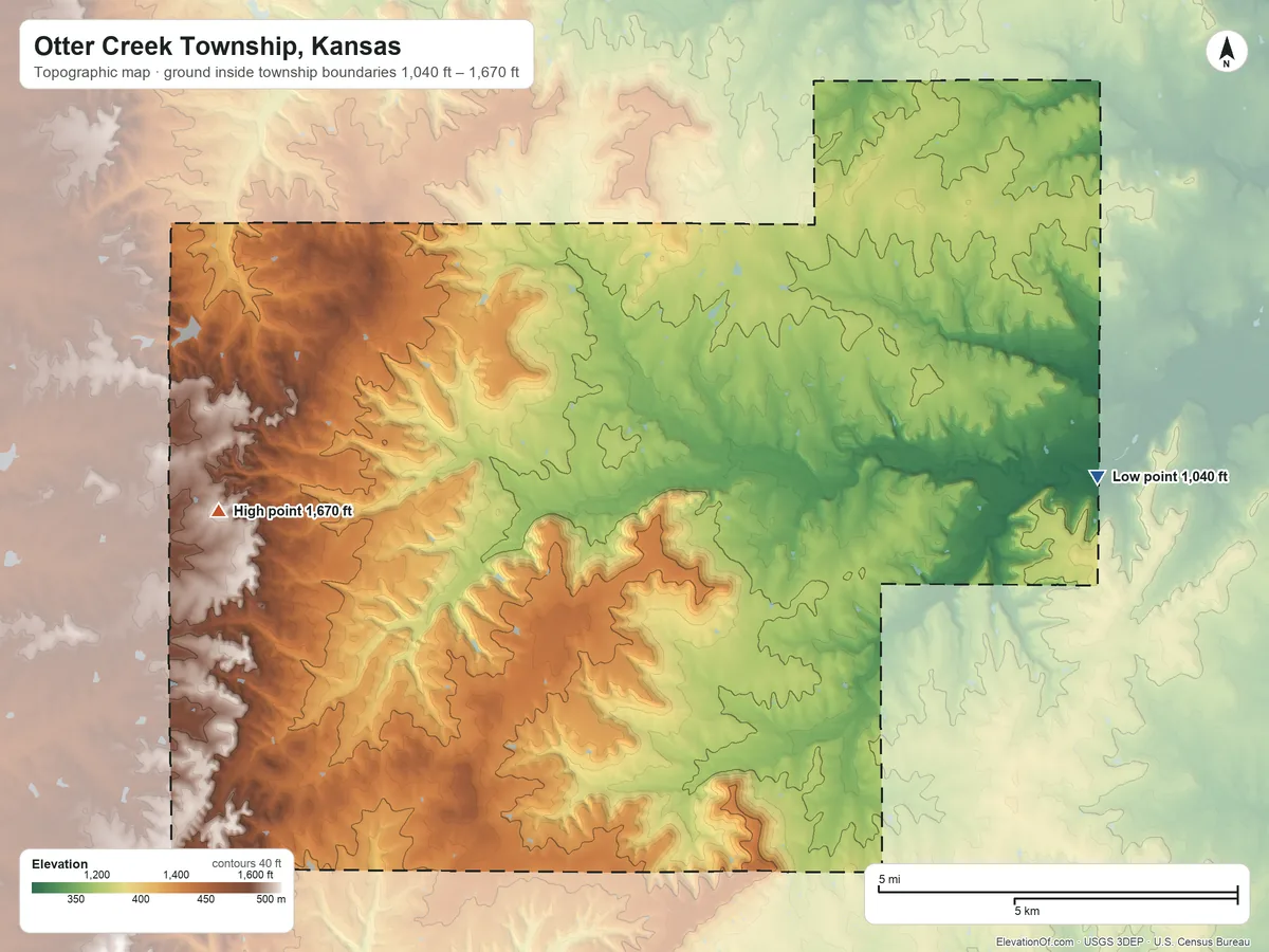 Topographic elevation map of Otter Creek Township, Kansas, shaded from 1,040 ft on the east side to 1,670 ft on the west side