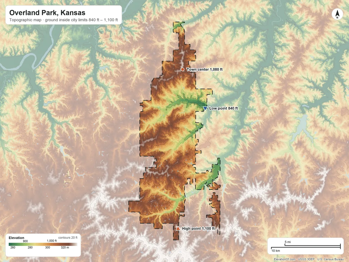 Topographic elevation map of Overland Park, Kansas, shaded from 840 ft on the southeast side to 1,100 ft on the south side