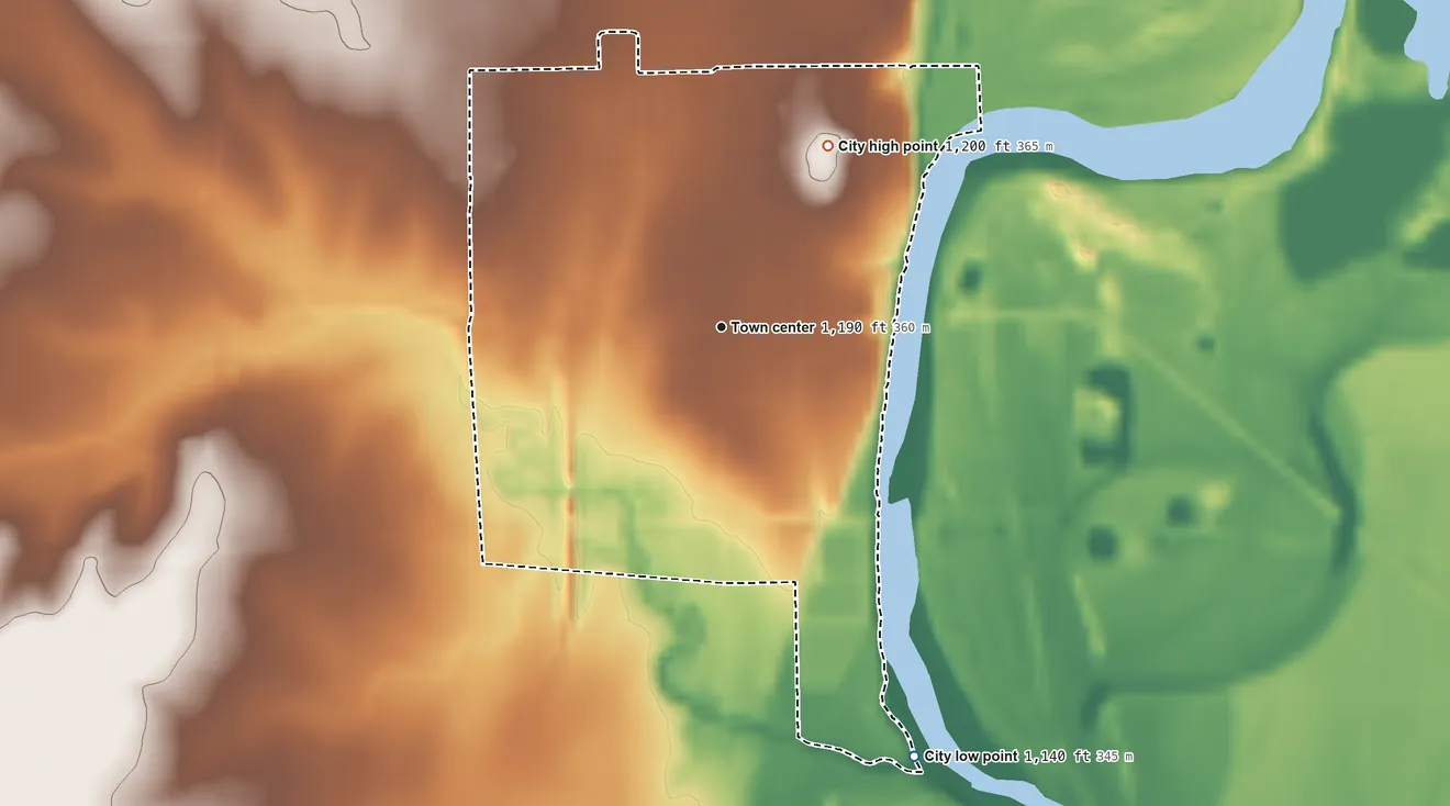 Topographic elevation map of Oxford, Kansas, shaded from 1,140 ft on the southeast side to 1,200 ft on the northeast side