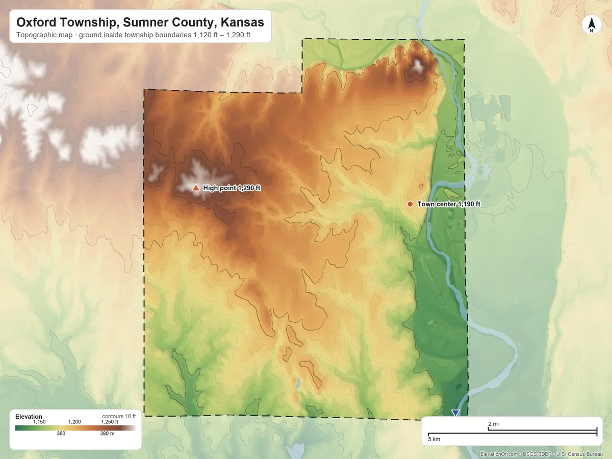 Topographic elevation map of Oxford Township, Sumner County, Kansas, shaded from 1,120 ft on the south side to 1,290 ft on the west side