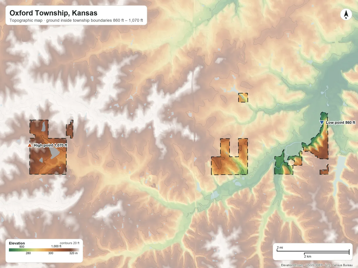 Topographic elevation map of Oxford Township, Kansas, shaded from 860 ft on the east side to 1,070 ft on the west side