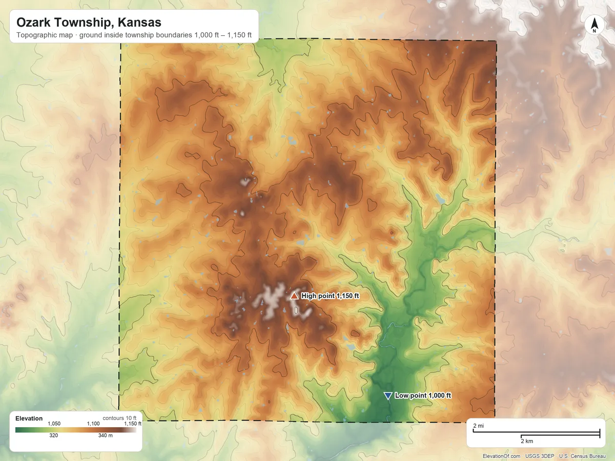 Topographic elevation map of Ozark Township, Kansas, shaded from 1,000 ft on the southeast side to 1,150 ft near the middle