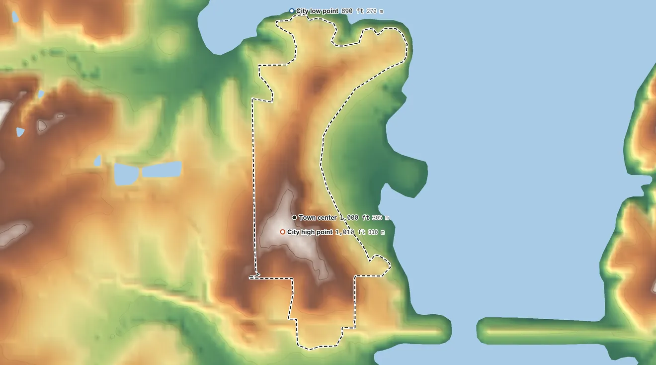 Topographic elevation map of Ozawkie, Kansas, shaded from 890 ft on the north side to 1,010 ft near the middle
