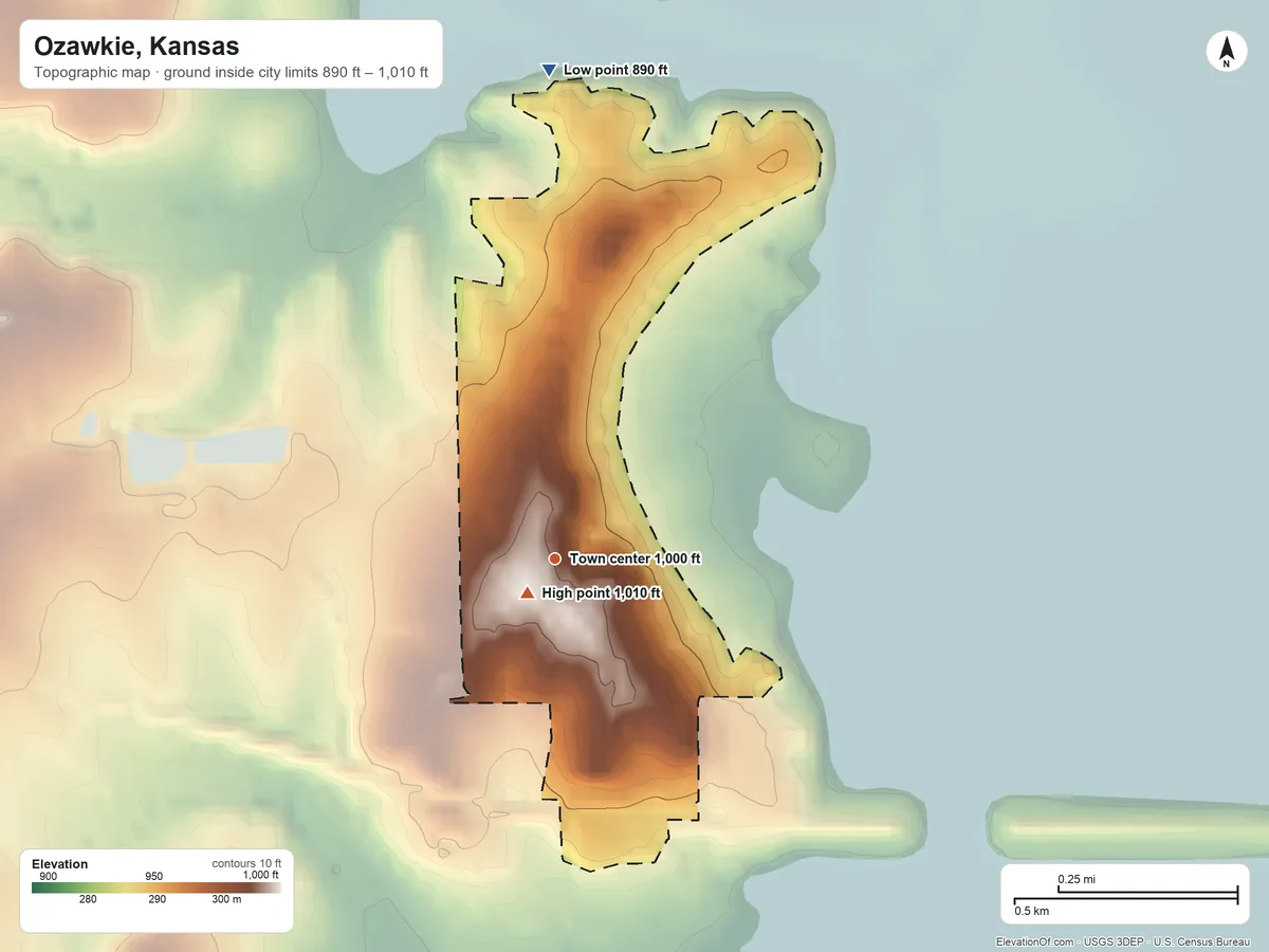 Topographic elevation map of Ozawkie, Kansas, shaded from 890 ft on the north side to 1,010 ft near the middle