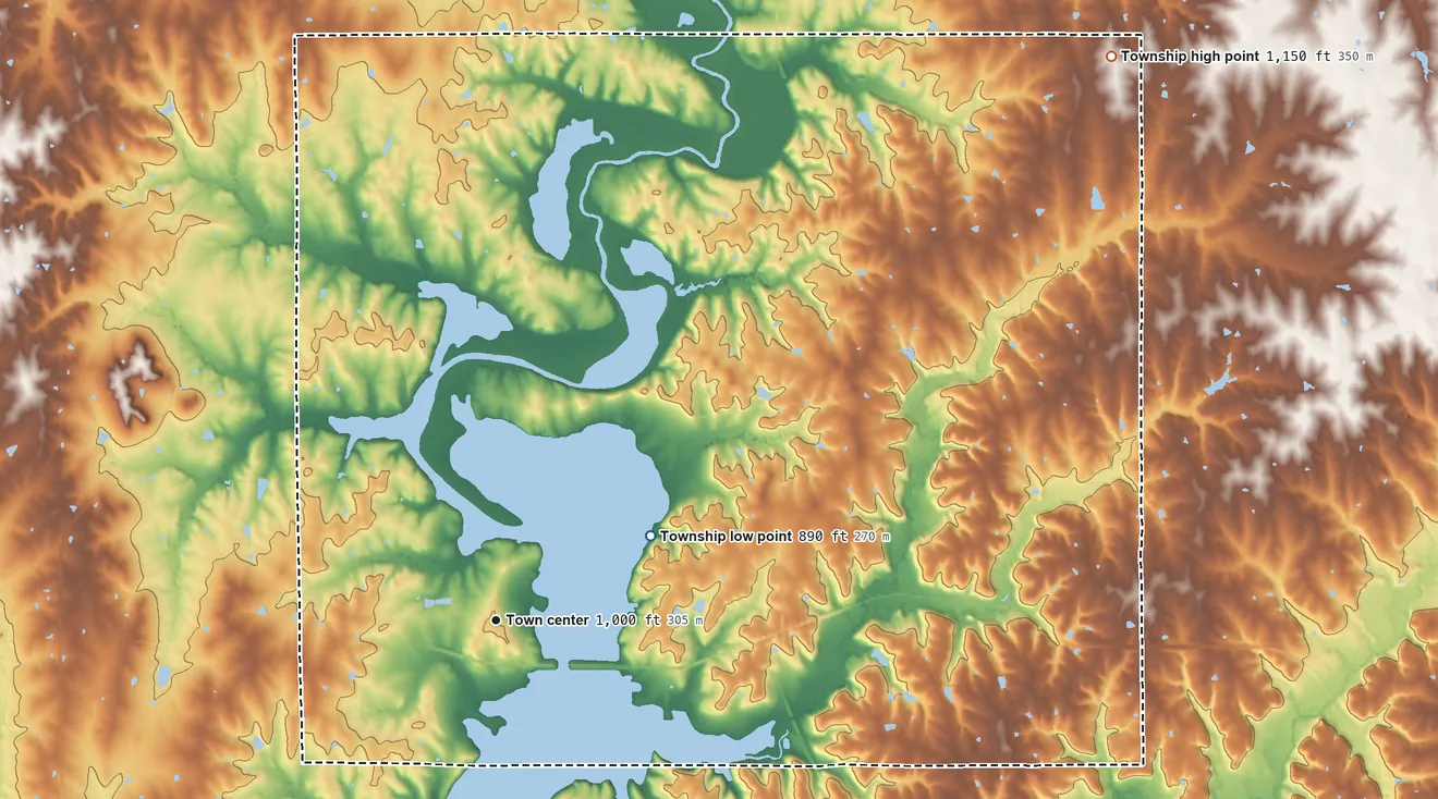 Topographic elevation map of Ozawkie Township, Kansas, shaded from 890 ft on the northeast side to 1,150 ft on the northeast side