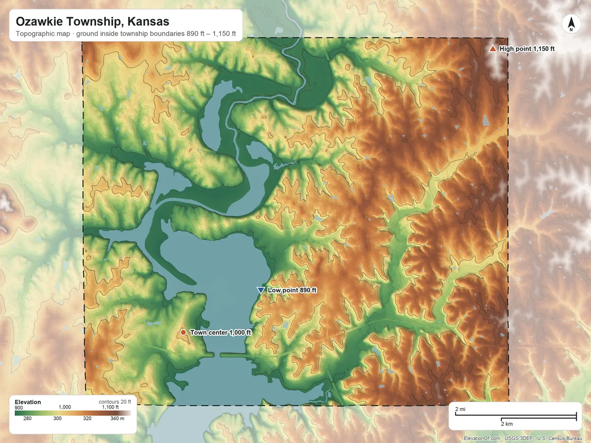 Topographic elevation map of Ozawkie Township, Kansas, shaded from 890 ft on the northeast side to 1,150 ft on the northeast side