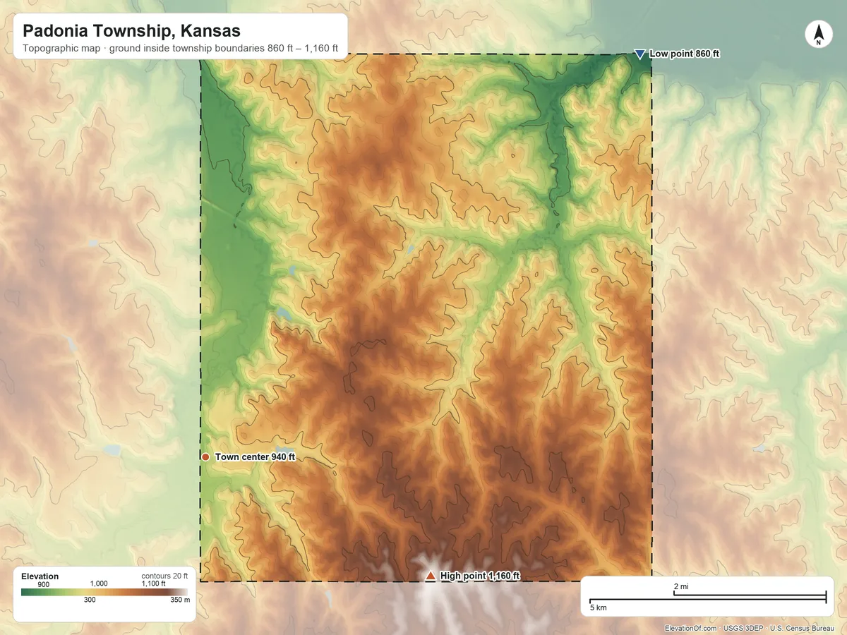 Topographic elevation map of Padonia Township, Kansas, shaded from 860 ft on the northeast side to 1,160 ft on the southeast side