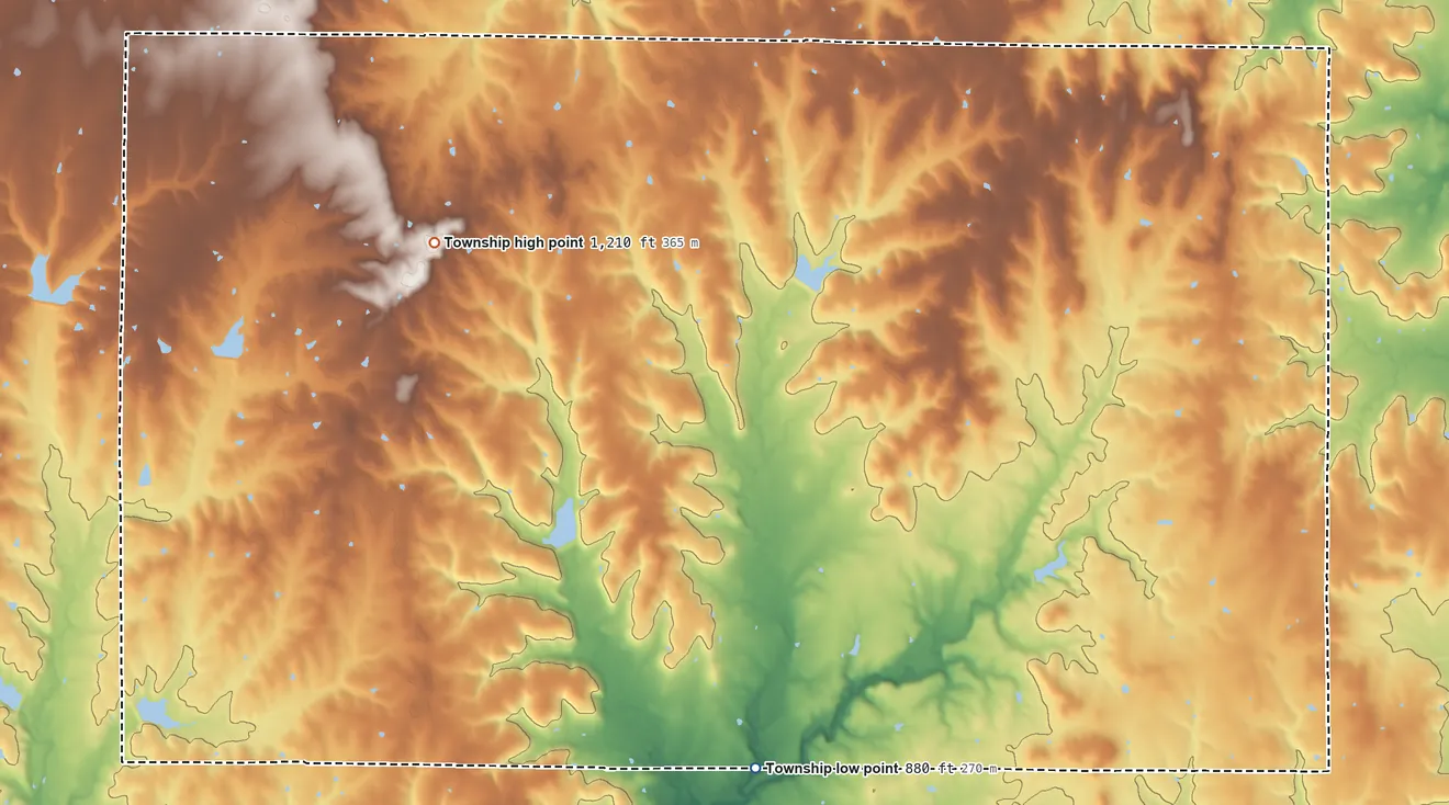 Topographic elevation map of Painterhood Township, Kansas, shaded from 880 ft on the south side to 1,210 ft on the northwest side