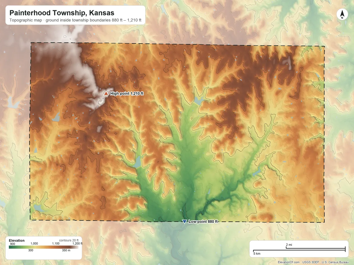 Topographic elevation map of Painterhood Township, Kansas, shaded from 880 ft on the south side to 1,210 ft on the northwest side