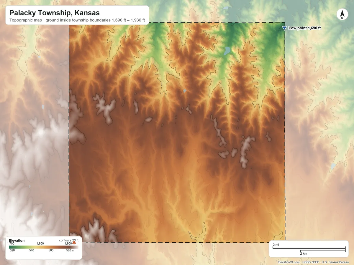 Topographic elevation map of Palacky Township, Kansas, shaded from 1,690 ft on the northeast side to 1,930 ft on the southwest side