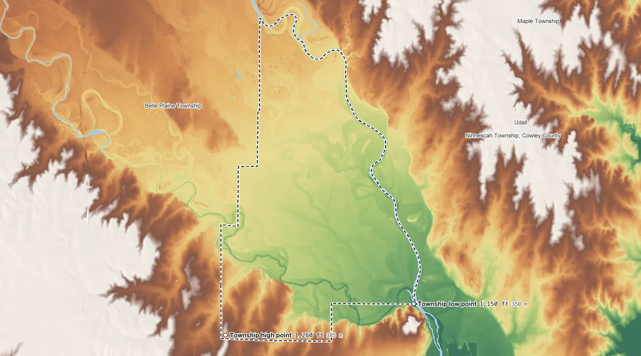 Topographic elevation map of Palestine Township, Kansas, shaded from 1,150 ft on the southeast side to 1,260 ft on the southwest side