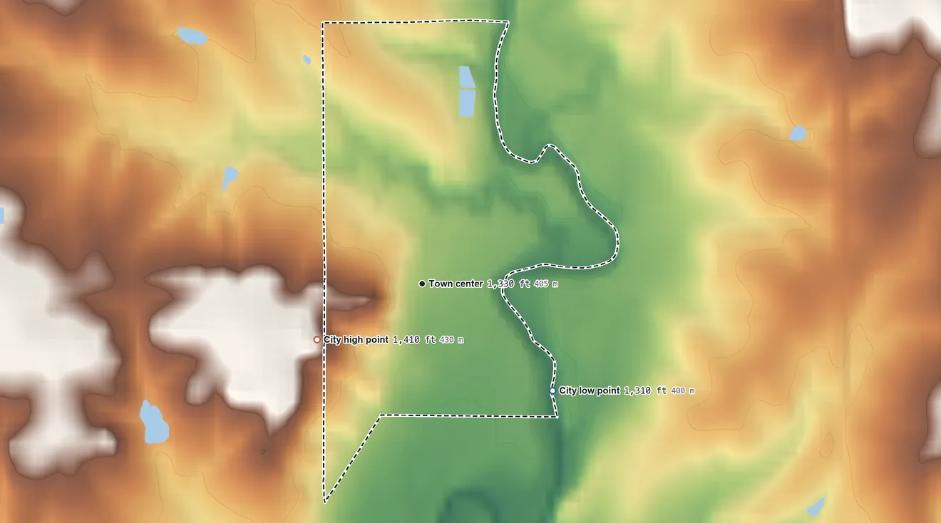 Topographic elevation map of Palmer, Kansas, shaded from 1,310 ft on the southeast side to 1,410 ft on the southwest side