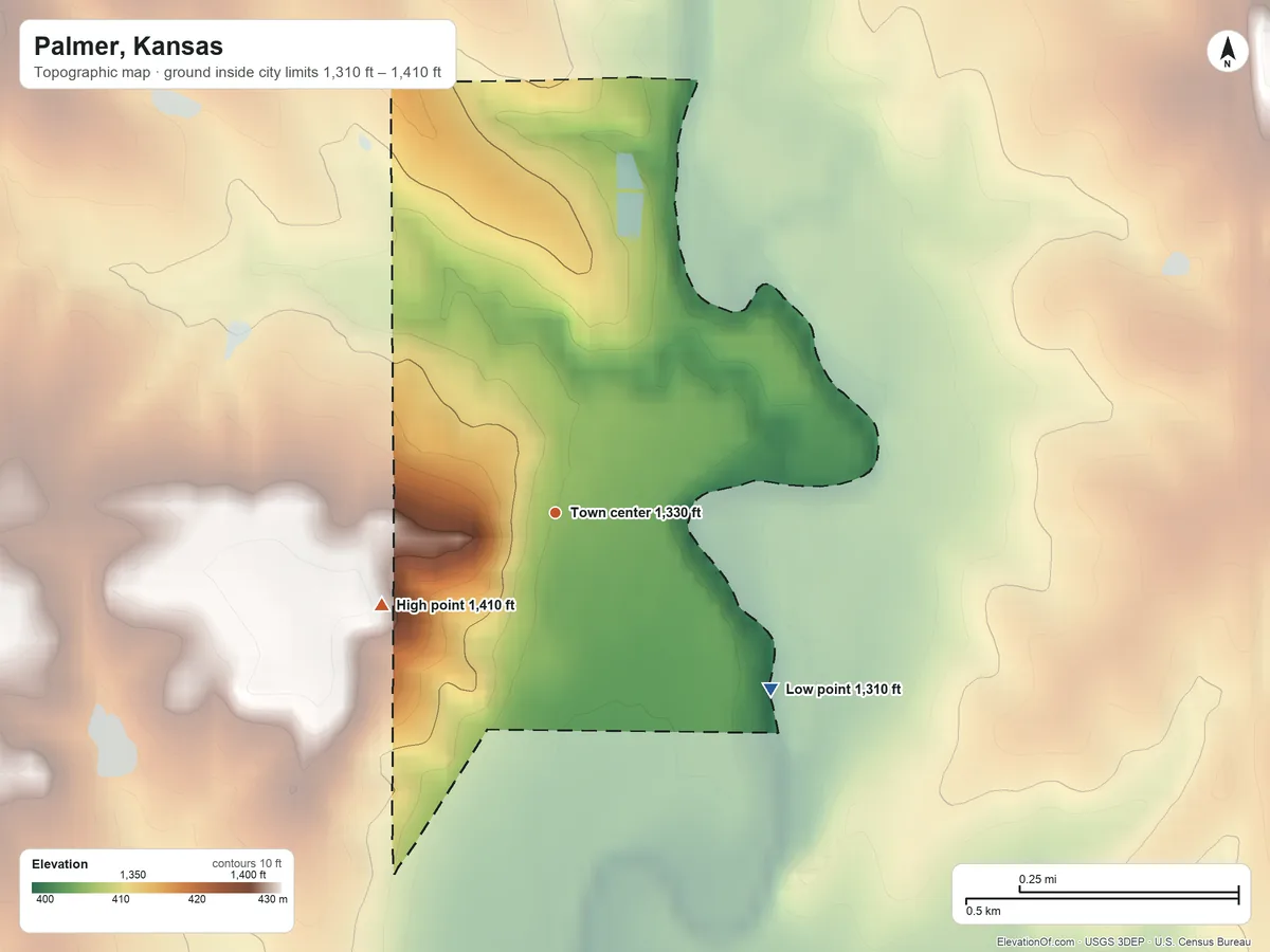 Topographic elevation map of Palmer, Kansas, shaded from 1,310 ft on the southeast side to 1,410 ft on the southwest side