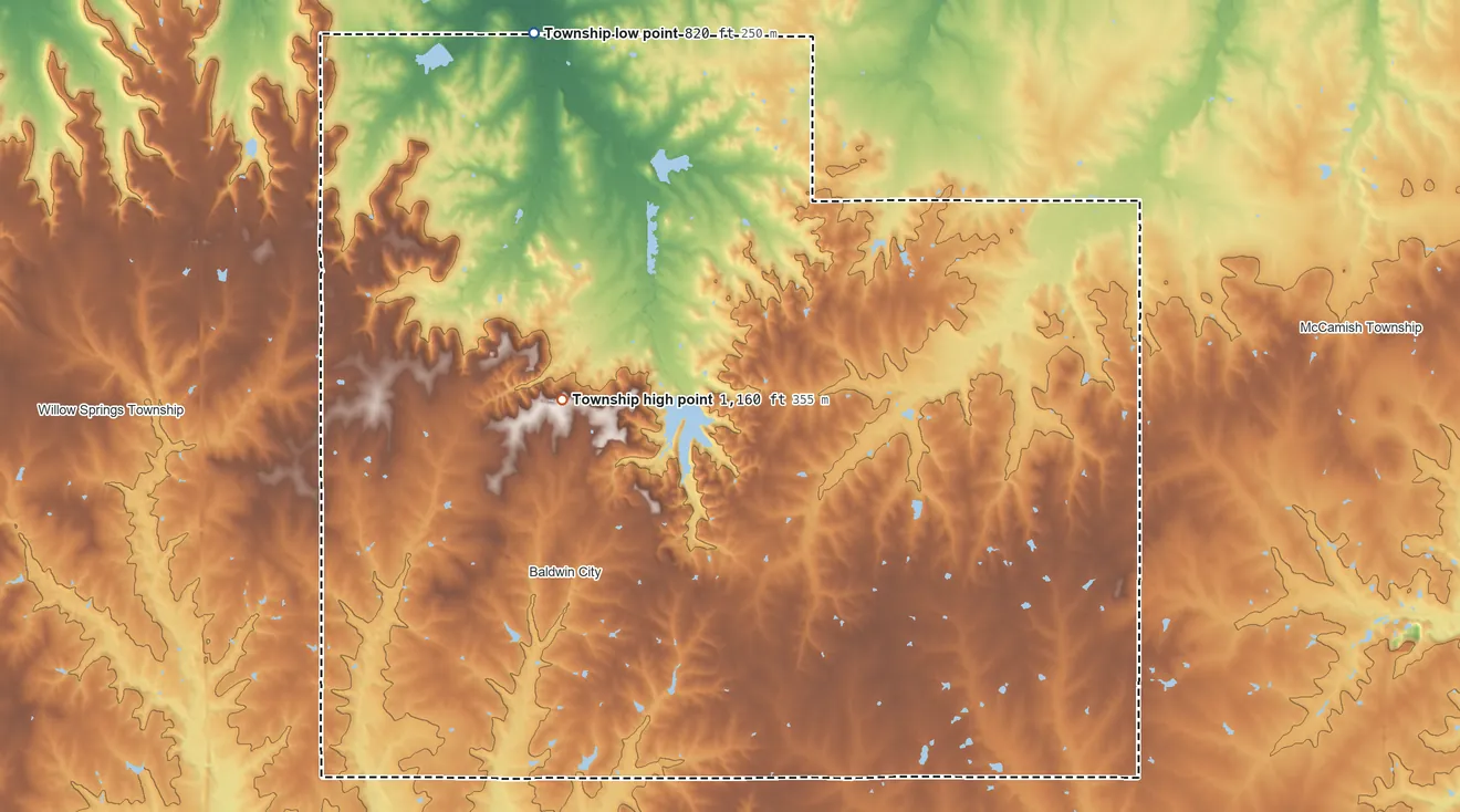 Topographic elevation map of Palmyra Township, Kansas, shaded from 820 ft on the north side to 1,160 ft on the north side