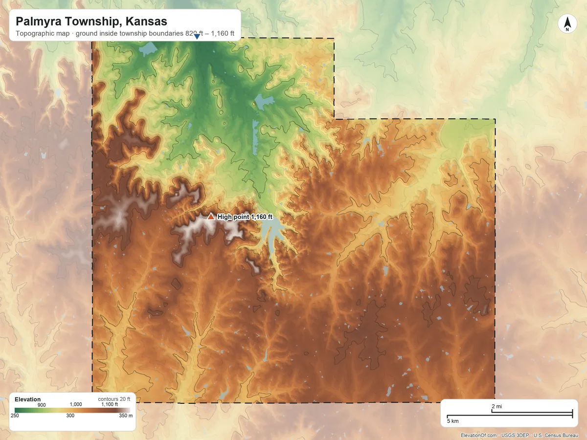 Topographic elevation map of Palmyra Township, Kansas, shaded from 820 ft on the north side to 1,160 ft on the north side