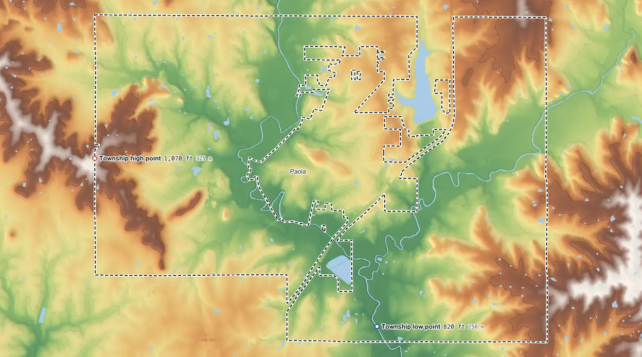 Topographic elevation map of Paola Township, Kansas, shaded from 820 ft on the southeast side to 1,070 ft on the west side