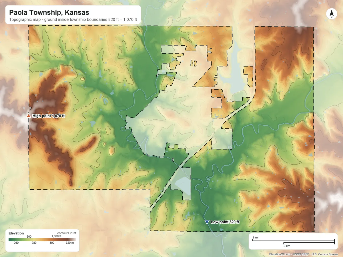 Topographic elevation map of Paola Township, Kansas, shaded from 820 ft on the southeast side to 1,070 ft on the west side
