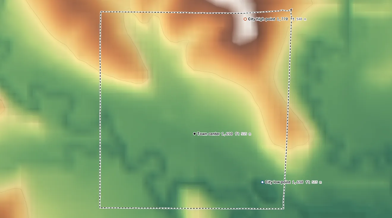 Topographic elevation map of Paradise, Kansas, shaded from 1,690 ft on the southeast side to 1,770 ft on the northeast side