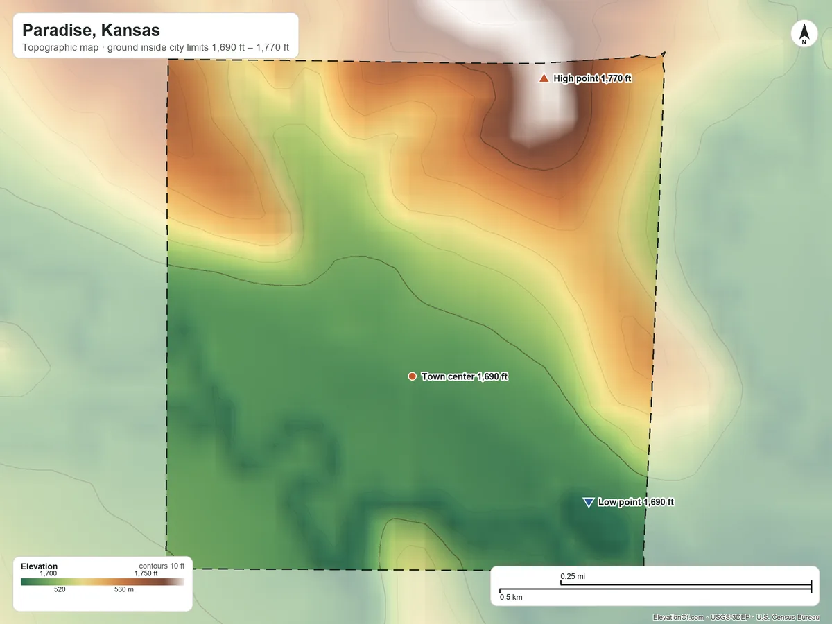 Topographic elevation map of Paradise, Kansas, shaded from 1,690 ft on the southeast side to 1,770 ft on the northeast side