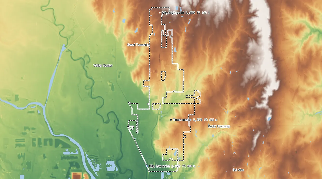 Topographic elevation map of Park City, Kansas, shaded from 1,320 ft on the southwest side to 1,450 ft on the north side
