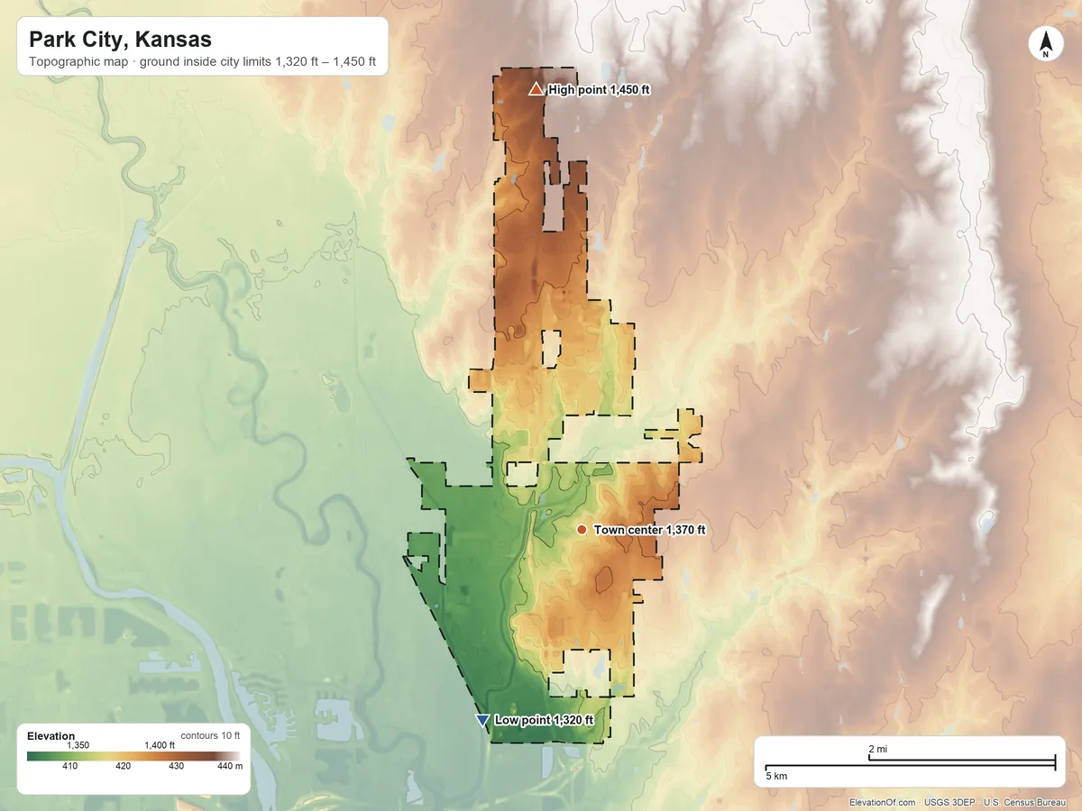 Topographic elevation map of Park City, Kansas, shaded from 1,320 ft on the southwest side to 1,450 ft on the north side