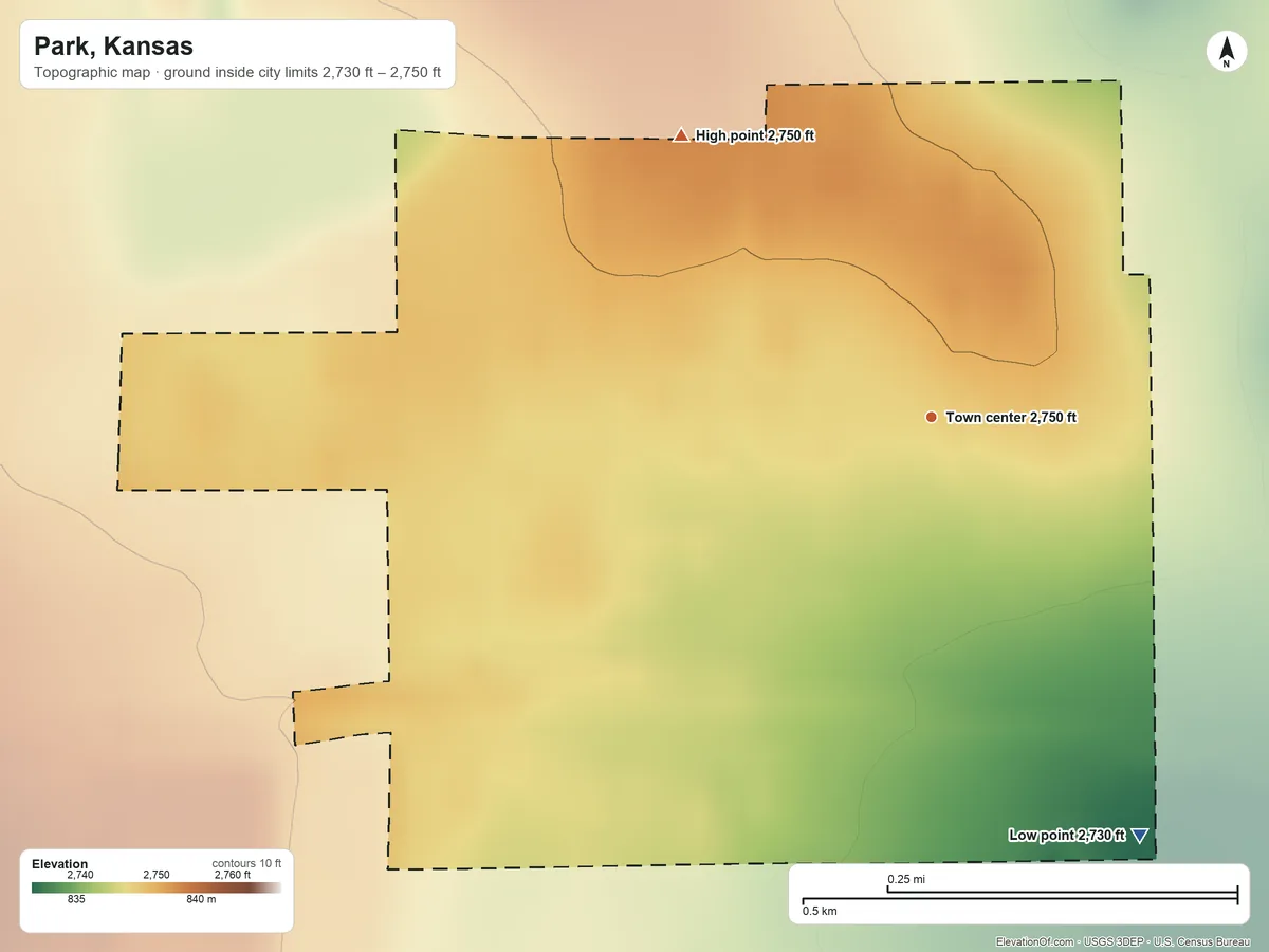 Topographic elevation map of Park, Kansas, shaded from 2,730 ft on the southeast side to 2,750 ft on the northwest side