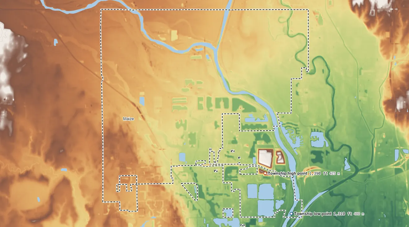 Topographic elevation map of Park Township, Kansas, shaded from 1,310 ft on the southeast side to 1,390 ft on the east side