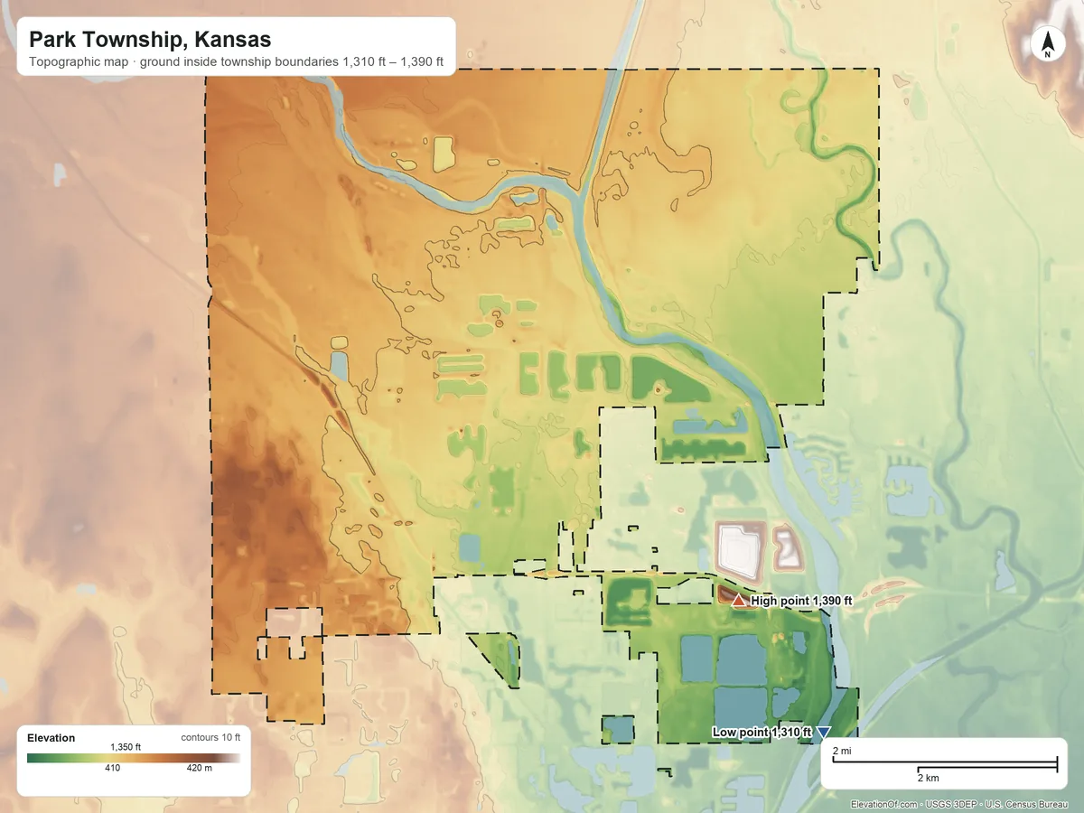 Topographic elevation map of Park Township, Kansas, shaded from 1,310 ft on the southeast side to 1,390 ft on the east side