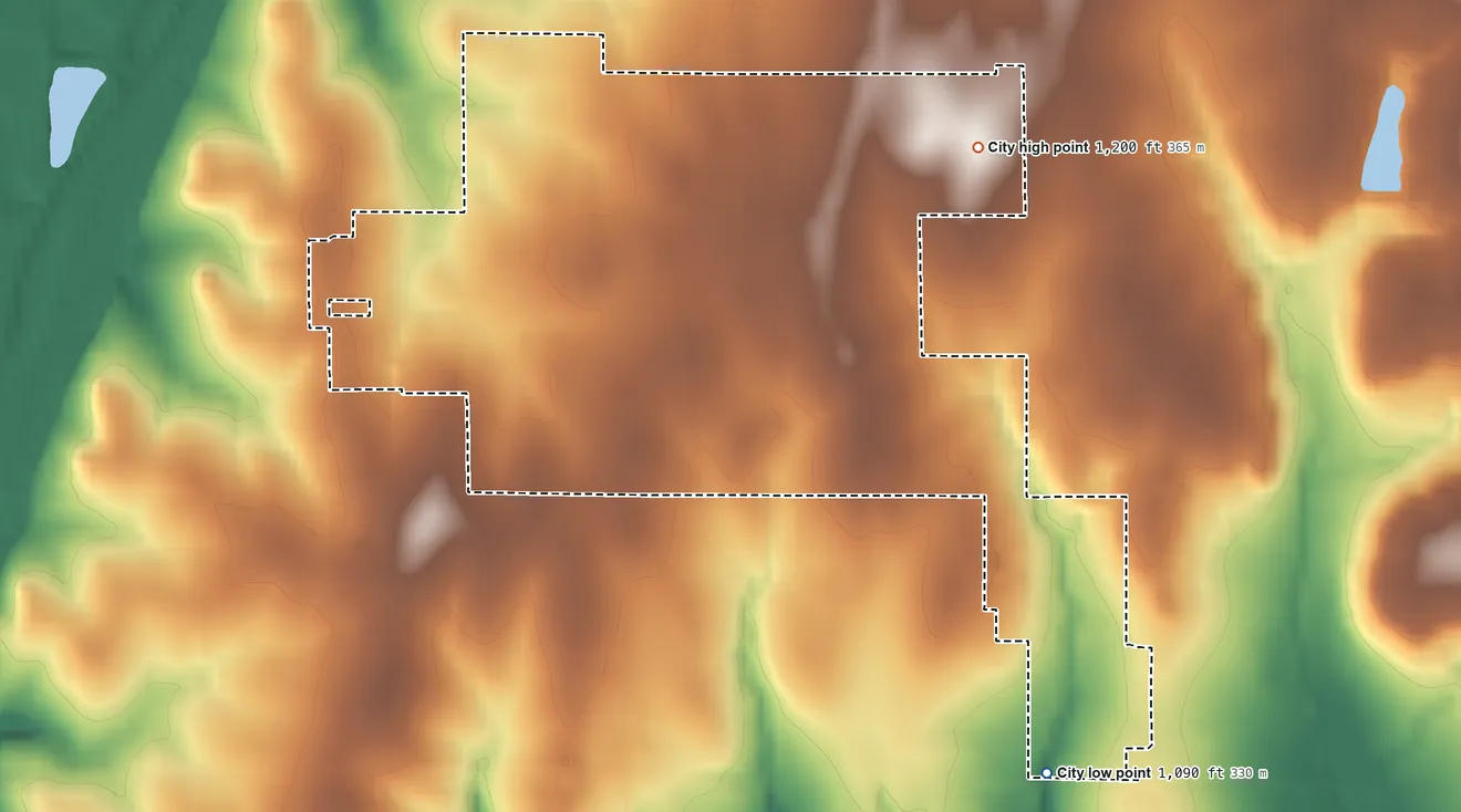Topographic elevation map of Parkerfield, Kansas, shaded from 1,090 ft on the southeast side to 1,200 ft on the northeast side