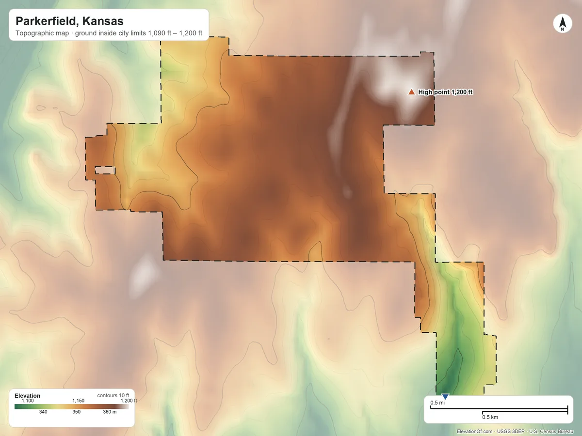 Topographic elevation map of Parkerfield, Kansas, shaded from 1,090 ft on the southeast side to 1,200 ft on the northeast side