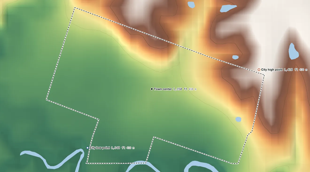 Topographic elevation map of Parkerville, Kansas, shaded from 1,340 ft on the southwest side to 1,420 ft on the east side