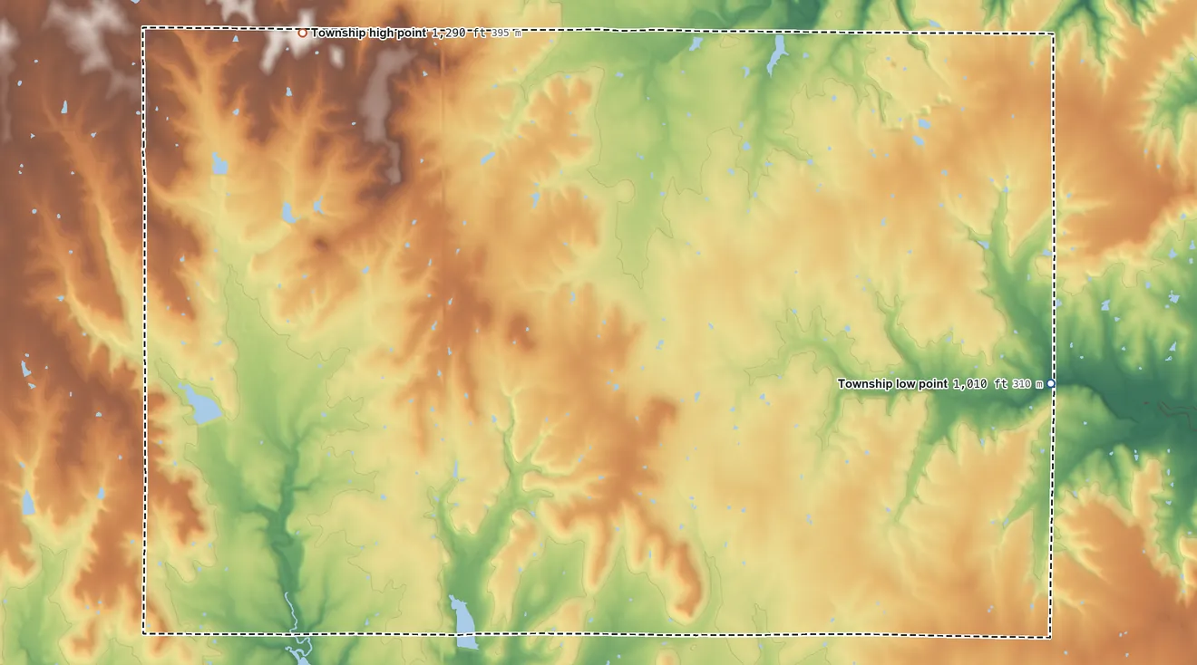 Topographic elevation map of Paw Paw Township, Kansas, shaded from 1,010 ft on the east side to 1,290 ft on the northwest side
