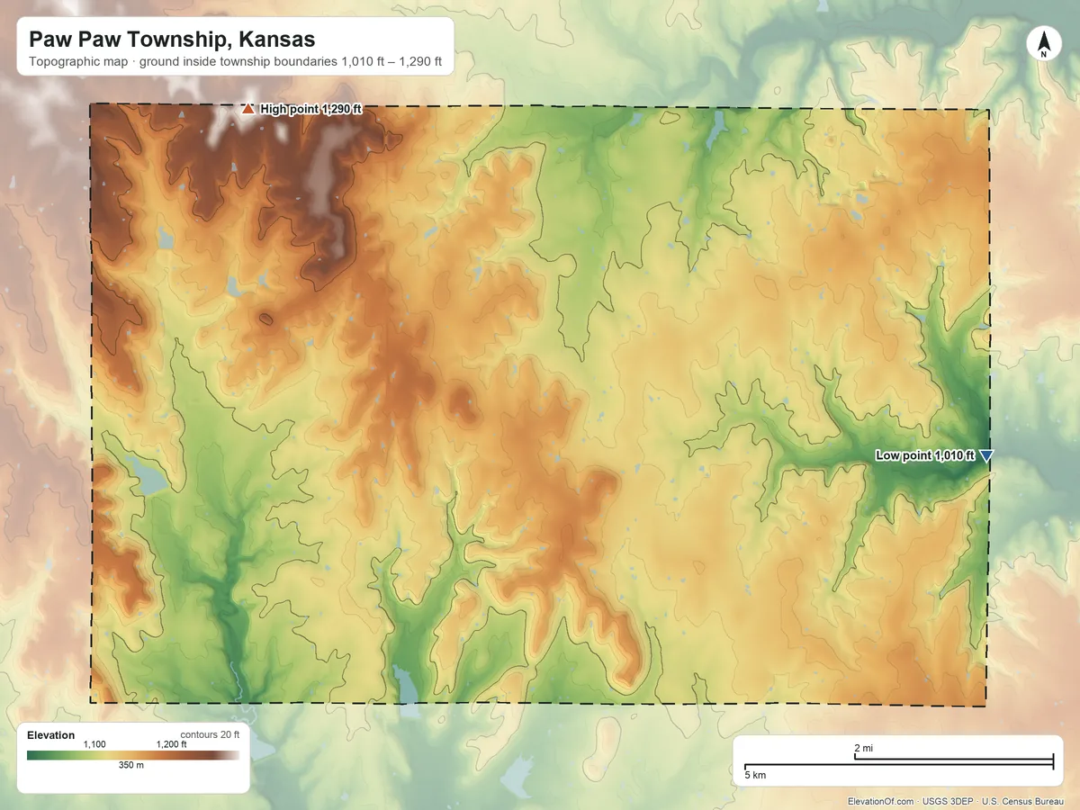 Topographic elevation map of Paw Paw Township, Kansas, shaded from 1,010 ft on the east side to 1,290 ft on the northwest side