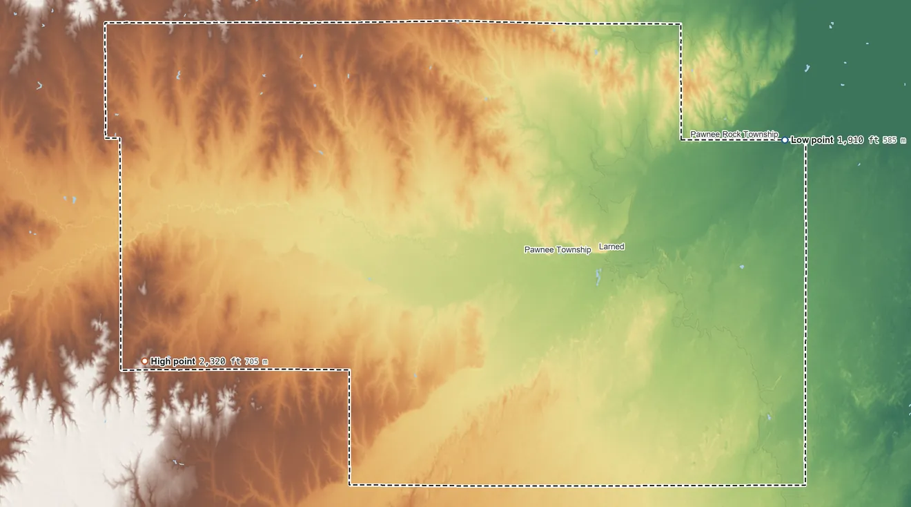 Topographic elevation map of Pawnee County, Kansas, shaded from 1,910 ft on the east side to 2,320 ft on the west side