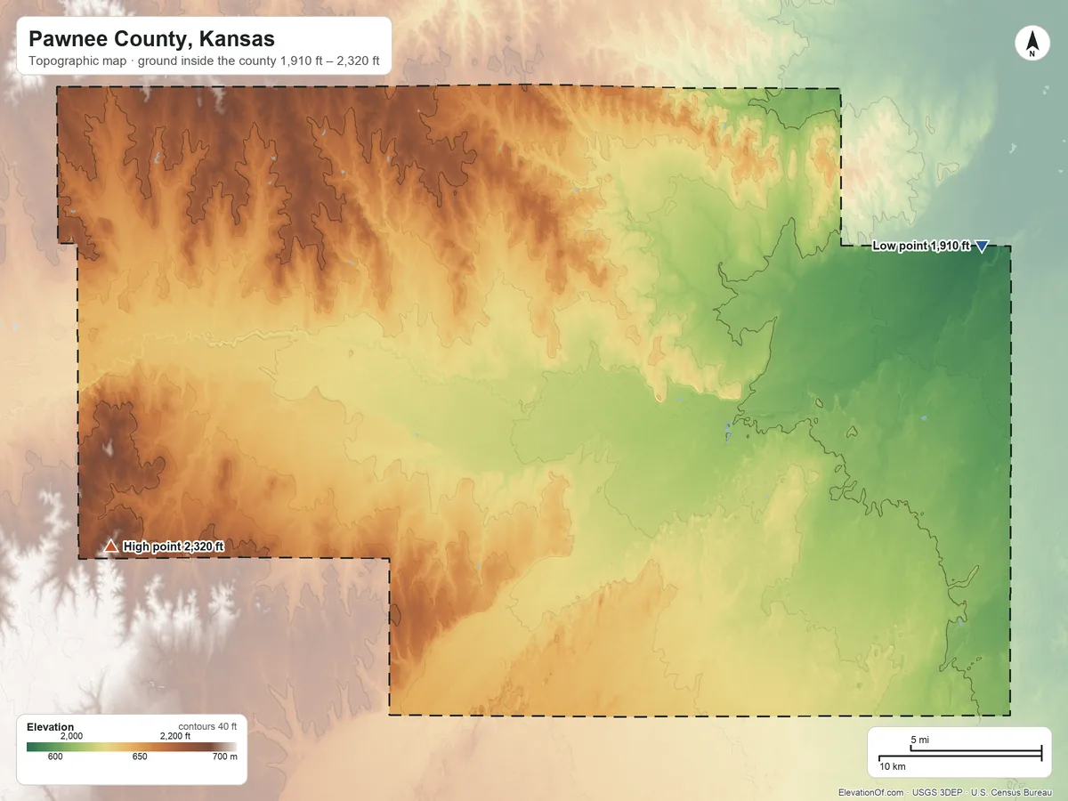 Topographic elevation map of Pawnee County, Kansas, shaded from 1,910 ft on the east side to 2,320 ft on the west side