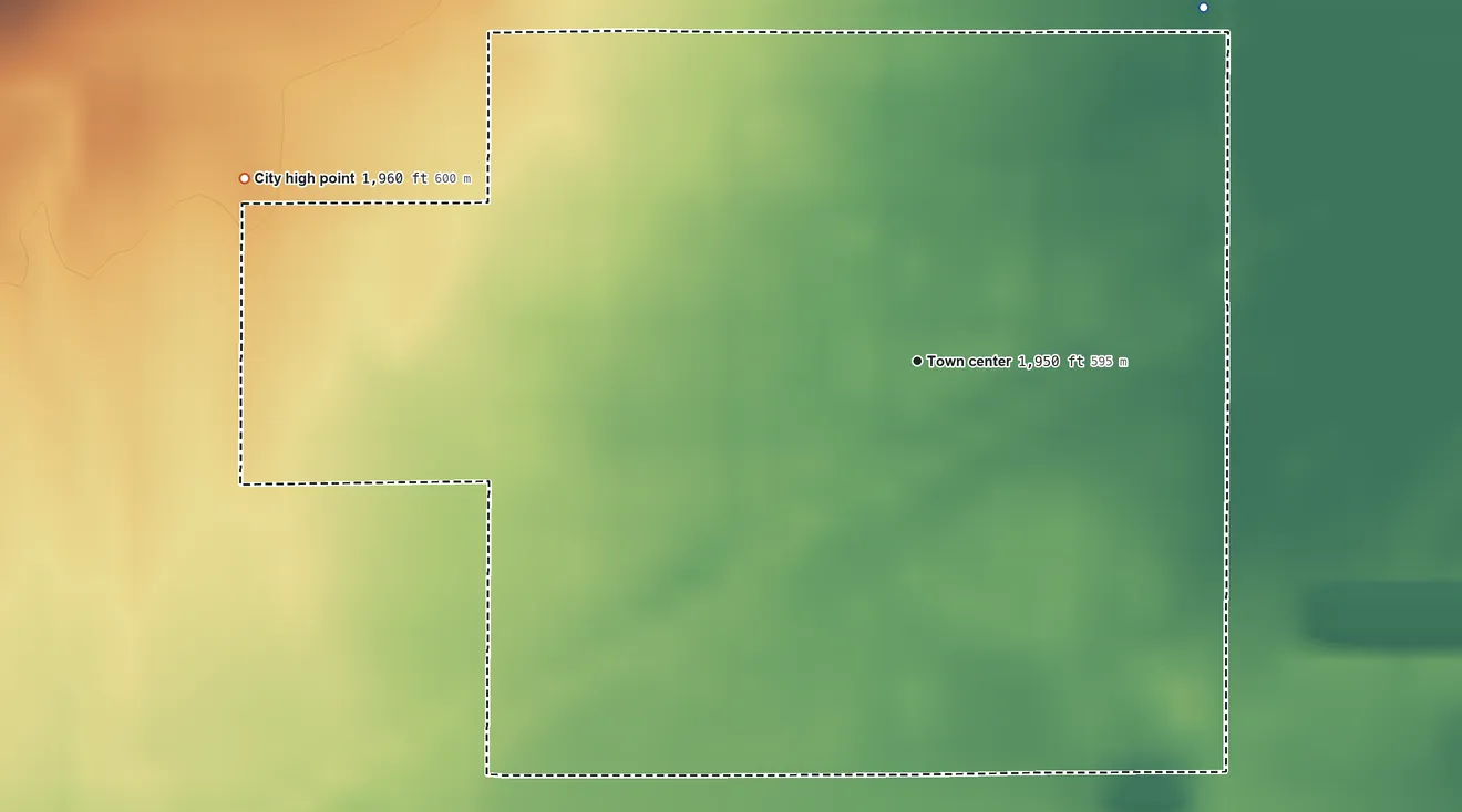 Topographic elevation map of Pawnee Rock, Kansas, shaded from 1,940 ft on the northeast side to 1,960 ft on the west side