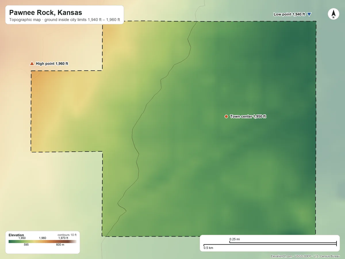 Topographic elevation map of Pawnee Rock, Kansas, shaded from 1,940 ft on the northeast side to 1,960 ft on the west side