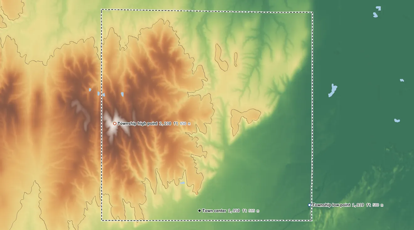 Topographic elevation map of Pawnee Rock Township, Kansas, shaded from 1,910 ft on the east side to 2,130 ft on the northwest side