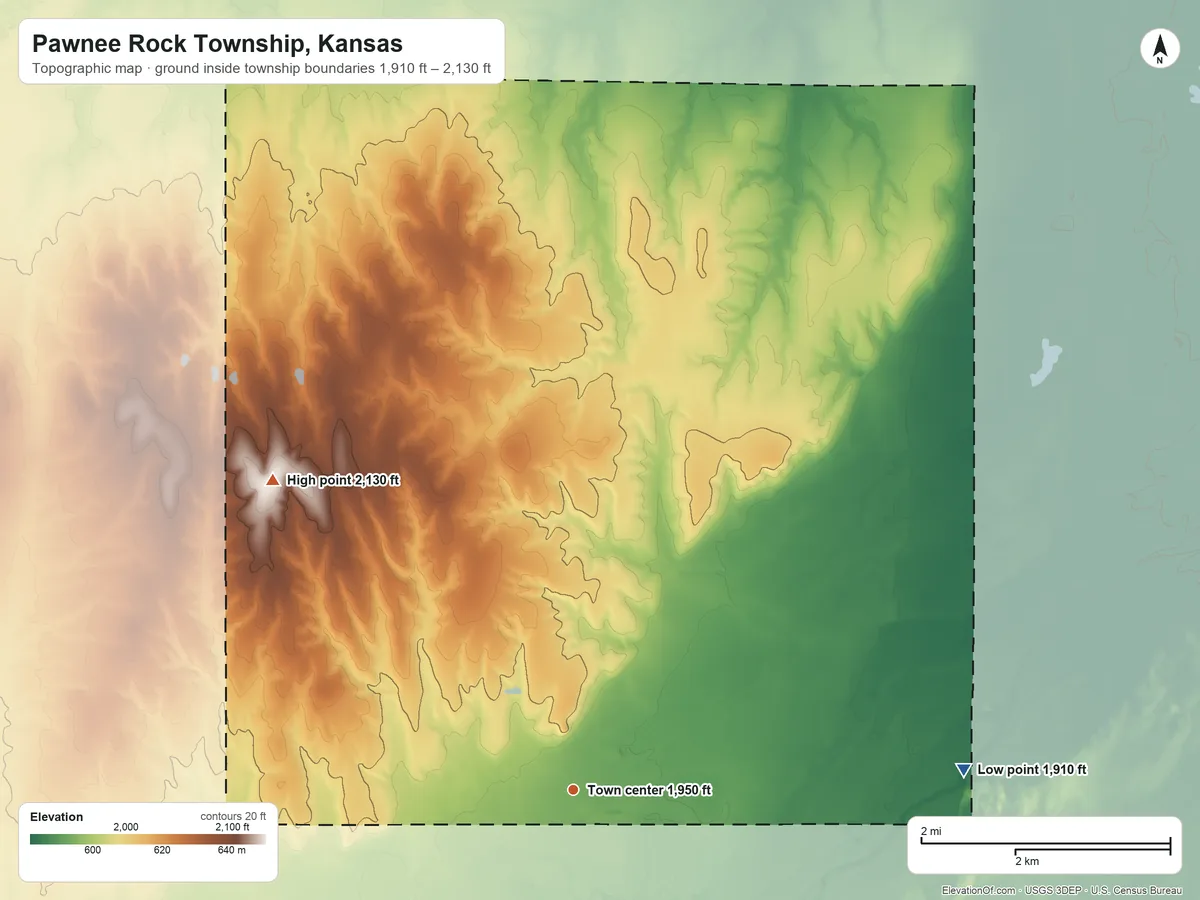Topographic elevation map of Pawnee Rock Township, Kansas, shaded from 1,910 ft on the east side to 2,130 ft on the northwest side