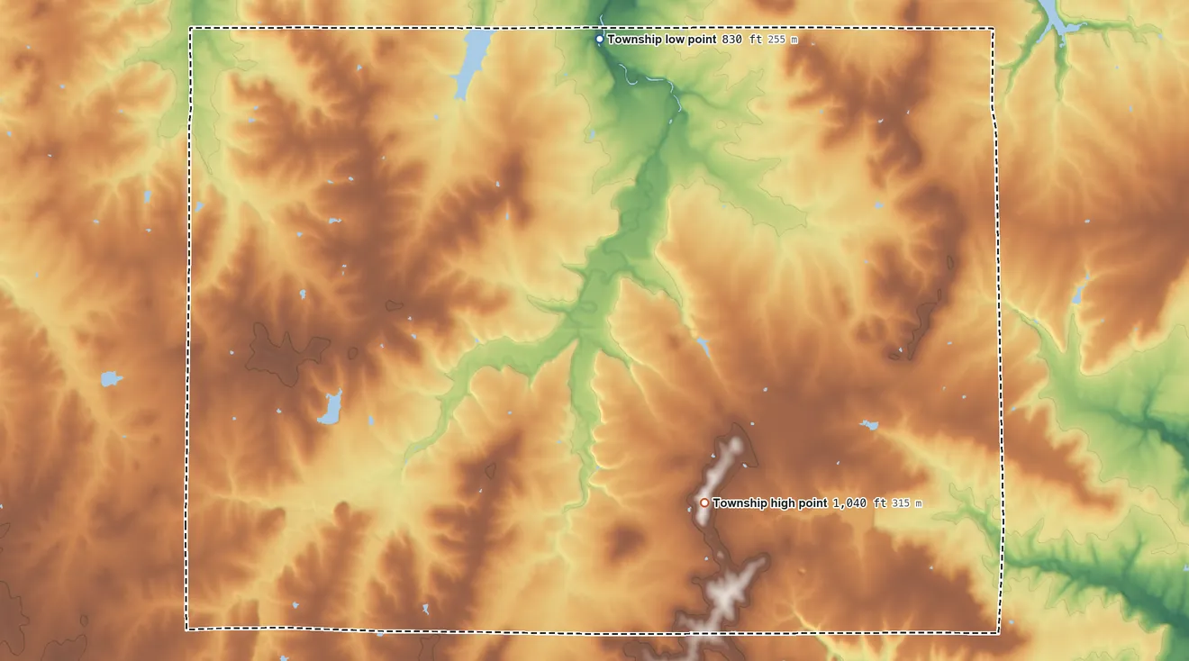 Topographic elevation map of Pawnee Township, Bourbon County, Kansas, shaded from 830 ft on the north side to 1,040 ft on the southeast side
