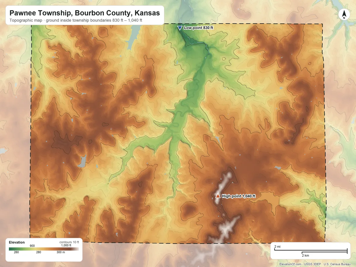 Topographic elevation map of Pawnee Township, Bourbon County, Kansas, shaded from 830 ft on the north side to 1,040 ft on the southeast side